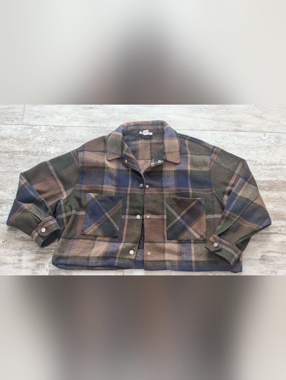 For The Republic Brown & Olive Plaid Jean Jacket Nwot - Picture 2 of 7